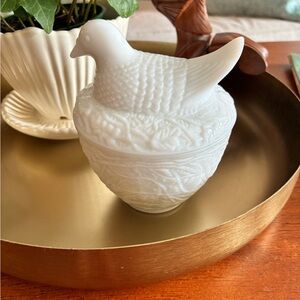 Avon Milk Glass White Bird and Nest Covered Bowl Glossy Collectible
